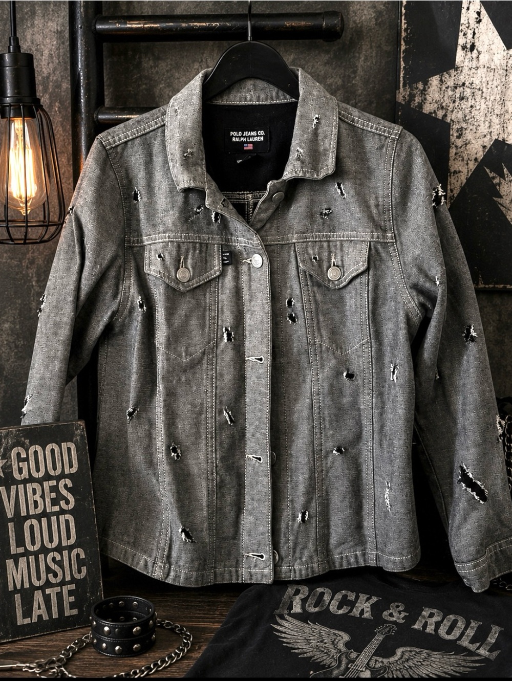 Women's Polo Jeans Co Ralph Lauren Distressed Gray Denim Jacket/Med